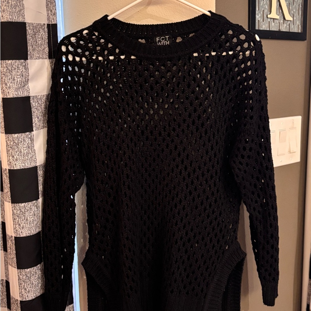 Black Crew Neck Sweater with Open-Knit Design